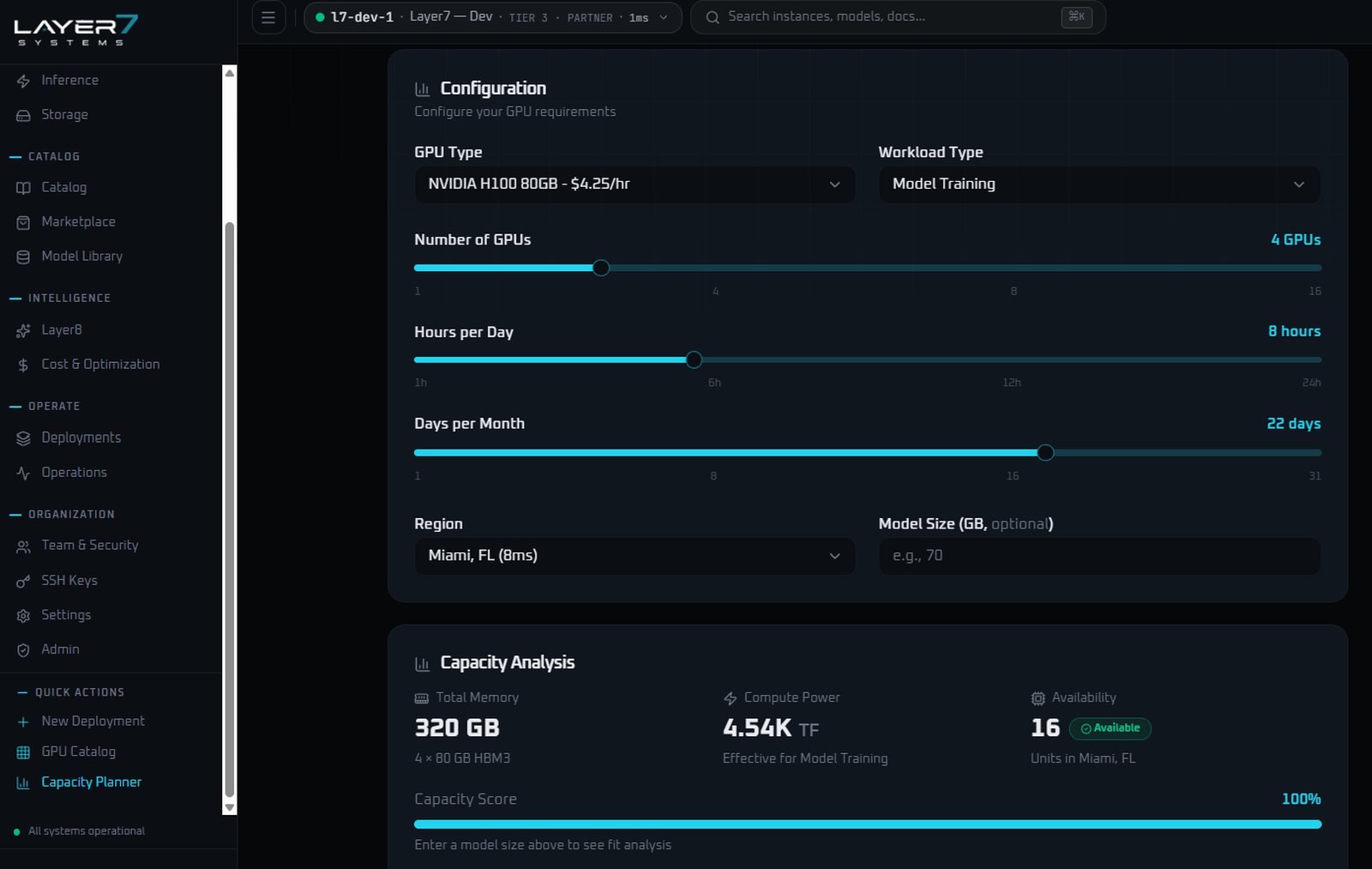 Layer7 console capacity planner showing GPU type, count, hours and region with a capacity analysis